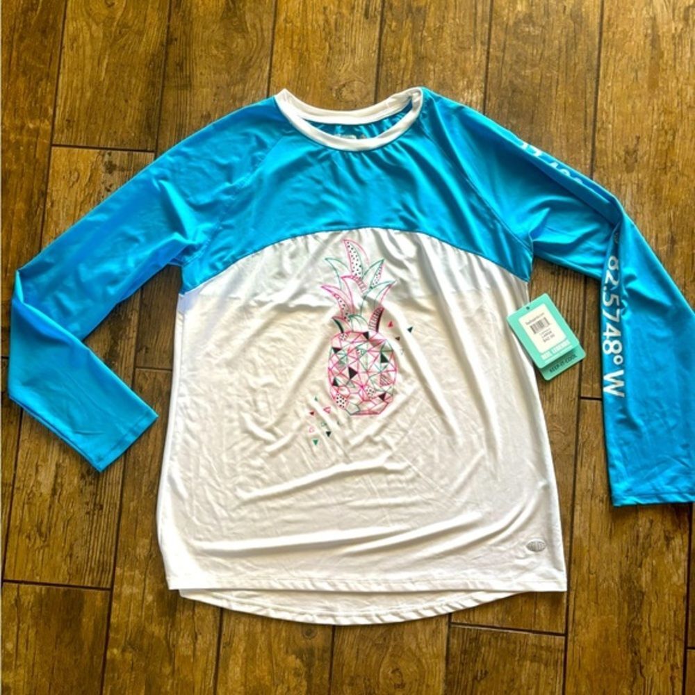 NWT Reel Legends Blue White Long Sleeve Rash Guard Swim Shirt Pineapple Large L